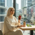 Rue Broca Exotic Paradise by Rue Broca 100ml EDP Women — Wanita bertudung dan berbaju krim pegang botol minyak wangi merah hijau, duduk di meja dengan botol minyak wangi lain dan daun hijau berbunga oren.
