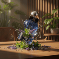 Rue Broca Hooked Azure by Rue Broca 100ml EDP Men — Blue glass perfume bottle shattering with mint and lavender sprigs, shards flying, on a wooden table.