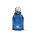 Rue Broca Hooked Azure Pour Homme — Blue glass perfume bottle with a navy blue ribbon bow and a clear spherical cap, white text labels.