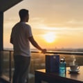 Rue Broca Hooked Azure by Rue Broca 100ml EDP Men — A man in a white t-shirt stands on a balcony at sunset, looking out at the view. A blue perfume box and a clear blue perfume bottle with a silver cap sit on a table next to a steaming cup of coffee.