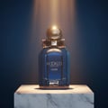 Rue Broca Hooked Azure by Rue Broca 100ml EDP Men — Blue glass perfume bottle with a gold cap and a patterned ribbon bow, displayed on a marble pedestal under a spotlight.