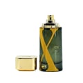 Rue Broca Exotic Heritage by Rue Broca 100ml EDP Men — Green glass perfume bottle with a large gold 'X' design, gold cap beside it, on a white background.