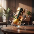 Rue Broca Luminus Pour Femme 100ml EDP — A glass perfume bottle with a gold cap and green accents, appearing to shatter with lemon and white flowers inside, set against a blurred modern living room background.