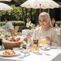 Rue Broca Luminus Pour Femme 100ml EDP — Woman in hijab enjoying breakfast outdoors with croissants, fruit salad, and orange juice.