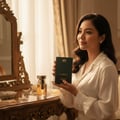 Rue Broca Luminus Pour Femme Rue Broca 100ml EDP — Woman holding a dark green box of Luminus perfume, with a gold-capped perfume bottle on a wooden vanity table with pearls.