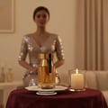 Rue Broca Luminus Pour Femme 100ml EDP — Gold-capped perfume bottle with amber liquid, displayed on a white stand with a lit candle in a glass holder on a red tablecloth, woman in sequined dress blurred in background.