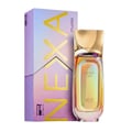 Nexa Musee by Rue Broca – Perfume bottle with iridescent glass and gold cap, next to its gradient purple and pink box with gold lettering.