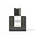 Rue Broca Pride Intense EDP Men — A square, dark glass perfume bottle with a metallic silver cap and a white label featuring black text 'PRIDE' and 'INTENSE'.