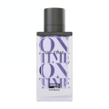 Rue Broca On Time Pour Homme EDP Men — Botol minyak wangi kaca jernih berisi cecair ungu, menampilkan corak teks "ON TIME" berulang dan penutup kelabu gelap.