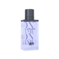 Rue Broca Rue Broca On Time Pour Homme EDP Men 100ml — Botol minyak wangi kaca jernih dengan penutup kelabu gelap, tertulis perkataan 'ON TIME' berulang dalam warna ungu muda dan nama jenama 'RUE BROCA' di bahagian bawah.