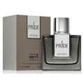 Rue Broca Pride Intense — A square glass perfume bottle with a silver cap and a white label featuring the 'Pride Intense' text, placed next to its matching brown and grey box.