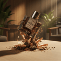 Rue Broca Pride Intense 100ml EDP Men — A shattered glass perfume bottle with wood chips and dark particles exploding outwards, set against a blurred indoor background with plants.