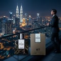 Rue Broca Pride Intense — Man in suit looking at city skyline at night, with perfume bottle and box in foreground.