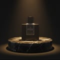 Rue Broca Pride Pour Homme — Black square perfume bottle with silver label, displayed on a black marble pedestal under spotlight.