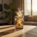 Rue Broca R U Serious Him Rue Broca 100ml EDP Men — A clear glass perfume bottle with golden liquid, a silver cap, and wisps of purple and yellow smoke rising from the top, set on a wooden table in a sunlit room with a large plant and sofa in the background.