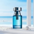 Rue Broca Luminus Pour Homme by Rue Broca 100ml Lelaki — Botol minyak wangi kaca biru dengan penutup perak, berlatar belakang laut dan langit kabur, dengan sfera hiasan putih di latar depan.