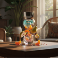 Rue Broca Nexa Musee by Rue Broca – 100 ml for Women — A perfume bottle with blue and pink liquid, surrounded by floating orange slices, pears, and red berries, set against a softly lit indoor background with plants and a rattan chair.