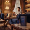 Rue Broca Rue Broca On Time Pour Homme EDP Men 100ml — Lelaki berbaju sut pegang gelas wiski, duduk atas sofa biru, dengan botol dan kotak minyak wangi atas meja.