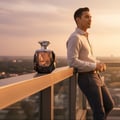 Rue Broca Touche Pour Homme Rue Broca 100ml EDP — Man leaning on a railing on a rooftop at sunset, with the perfume bottle beside him.