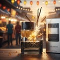 Rue Broca Theoreme Matrix by Rue Broca – 90 ml for Men, featuring a cracked glass perfume bottle with vanilla pods and golden liquid splashing out, set against a blurred night market background.