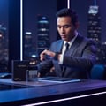 Rue Broca Theoreme Matrix by Rue Broca – 90 ml for Men, a man in a suit checks his smartwatch at a desk with the perfume bottle and box.