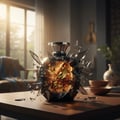 Rue Broca Touche Pour Homme Rue Broca 100ml EDP — A glass perfume bottle with a metallic cap, shattered into sharp shards, with spices and leaves inside, set on a wooden table.