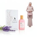 Volare Amaranth Niche by Volare – 100 ml for Her perfume bottle and box with lavender sprigs and a woman in traditional attire holding a handbag