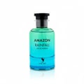 Volare Amazon Rainfall by Volare 100ml EDP Men — A clear glass perfume bottle with a gradient of blue and green liquid, featuring black text and a black cap.
