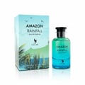 Volare Amazon Rainfall by Volare 100ml EDP Men — A clear glass bottle of blue and green eau de parfum stands next to its matching box, featuring palm fronds and birds.