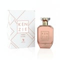 Volare Amber Lychee Kenzie by Volare – 100 ml for Her perfume bottle and box set, featuring a faceted rose-gold colored glass bottle with a clear cap and gold accents, next to a white geometric patterned box.