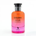 Volare Golden Hour Eau de Parfum untuk Wanita — Botol minyak wangi kaca gradien dengan warna jingga di atas bertukar kepada merah jambu di bawah, bertudung hitam dan logo Volare.