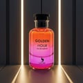 Volare Golden Hour by Volare 100ml EDP for Her — Botol minyak wangi gradien dengan cecair oren dan merah jambu, penutup hitam, dan logo burung, berlatar belakang gelap dengan lampu putih menegak.