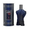 Volare Parfum Gladiator Twilight 100ml by Volare Man — Dark blue cylindrical tin packaging next to a blue glass perfume bottle shaped like a muscular male torso, silver cap