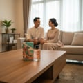 Volare Moroccan Dream by Volare – 100 ml for Her perfume bottle and box on a wooden coffee table, with a couple blurred in the background on a sofa.