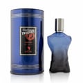 Volare Parfum Gladiator Twilight 100ml by Volare Man — Blue cylindrical tin with silver stripes and a black label, next to a blue gradient torso-shaped perfume bottle with a silver cap.