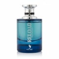 Volare Reload Blue by Volare Man – Blue glass perfume bottle with silver cap and black textured band, featuring white text 'RELOAD BLUE FOR MAN' and a white bird logo above 'VOLARÉ'.