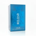 Volare Reload Blue by Volare Man – 100 ml for Him, a blue box with a stylized perfume bottle silhouette and the text 'RELOAD BLUE FOR MAN' in a lighter blue.