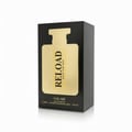 Volare Reload Gold by Volare Man – 100 ml untuk Lelaki, kotak minyak wangi hitam dengan panel emas berbentuk segi empat yang menyerupai botol minyak wangi, tertulis 'RELOAD GOLD FOR MAN' dalam warna hitam.