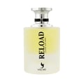 Volare Reload Silver by Volare – Man 100 ml untuk Lelaki — Botol minyak wangi kaca beku dengan penutup perak dan jalur hitam, berisi cecair kuning. Label mempunyai teks hitam dan siluet burung.