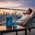 Volare Reload Blue by Volare Man – 100 ml for Him — A blue perfume bottle and its box sit on a wooden table, with a man relaxing on a lounge chair in the background at sunset.
