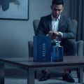 Volare Reload Blue by Volare Man – 100 ml for Him — A man in a suit sits in a chair, looking at his watch, with a blue perfume box and bottle on a table in the foreground.