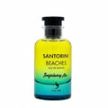 Volare Santorini Beaches — A clear glass perfume bottle with a gradient of yellow to turquoise liquid, featuring black text and a black cap.