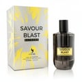 Volare Savour Blast Extreme by Volare 100ml EDP Lelaki — Kotak corak kelabu dan kuning berdiri sebelah botol minyak wangi kaca gelap bertutup hitam dan berlabel kuning.