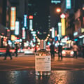 Society 971 by Volare 100ml EDP Men — A clear glass perfume bottle with a silver cap sits on a dark, textured surface, with a blurred, vibrant city street at night in the background.