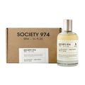 Volare Society 974 Volare 100 ml EDP Unisex — A glass perfume bottle with a silver cap and yellow liquid, placed next to its brown cardboard box packaging.