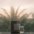 Volare Society 991 by Volare 100ml Unisex — Botol minyak wangi kaca jernih dan kotak kadbod coklatnya terletak di atas permukaan memantul, dengan latar belakang pokok palma kabur kelihatan melalui tingkap berjalur hujan.