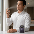 Zimaya Abadi Opulent by Zimaya EDP 100ml Men — Lelaki menyembur minyak wangi di udara, memakai kemeja putih, dengan botol minyak wangi ungu di atas meja marmar