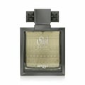 Zimaya Abadi Saga by Zimaya EDP 100 ml Men — Botol wangian lelaki kaca segi empat dengan penutup kelabu gelap bertekstur dan corak geometrik emas pada badan botol.