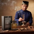 Zimaya Abadi Saga by Zimaya EDP 100 ml Men — Botol wangian dan kotak dipamerkan di atas dulang kayu berukir, dengan lelaki memakai baju Melayu biru menyalakan colok di latar belakang, asap berpusar di udara.