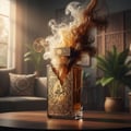 Zimaya Al Embratur Elixir by Zimaya 100ml EDP — A golden, ornate perfume bottle with intricate Arabic calligraphy, emitting wisps of smoke and vapor in warm tones, set on a wooden table.